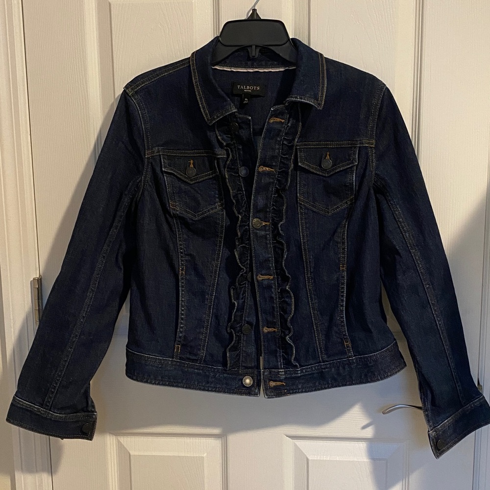 Talbots dark wash denim jacket featuring ruffle trim . Petite Medium.